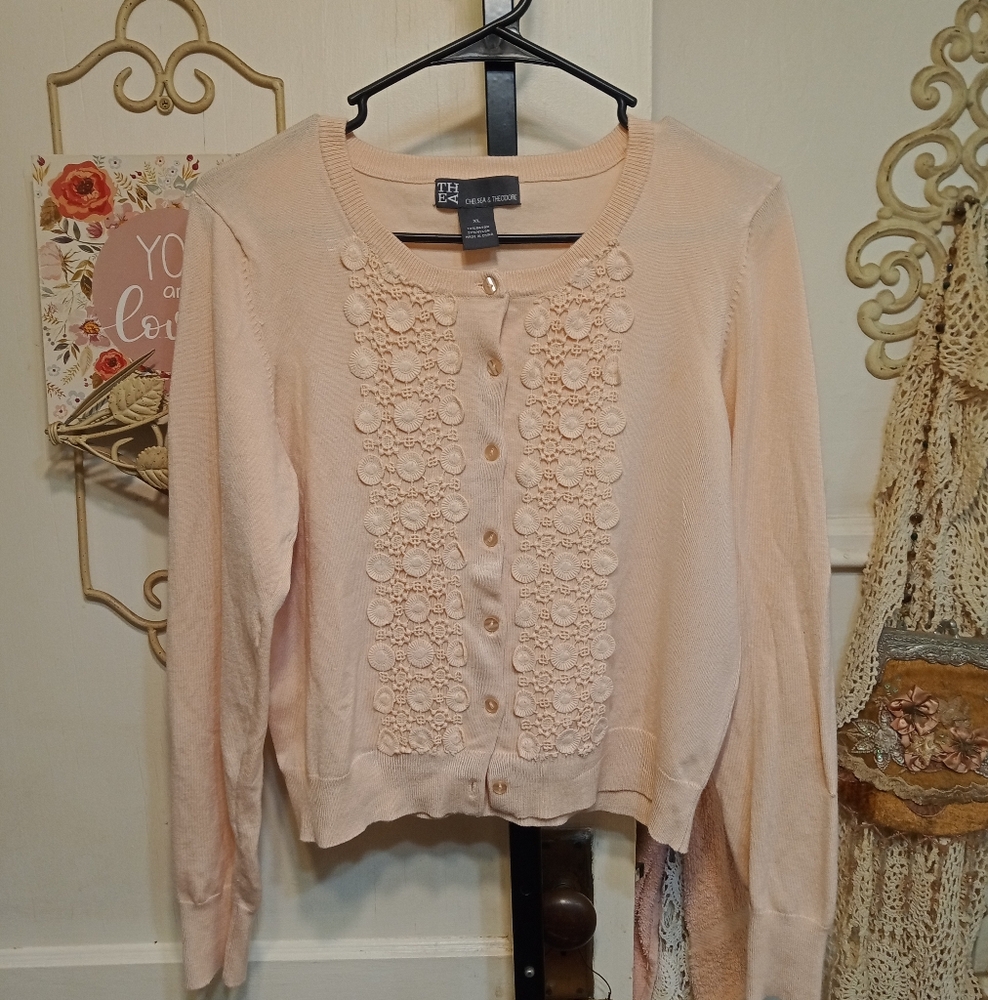 Chelsea and Theodore Vintage Style Pink Cardigan with Floral Embellishments